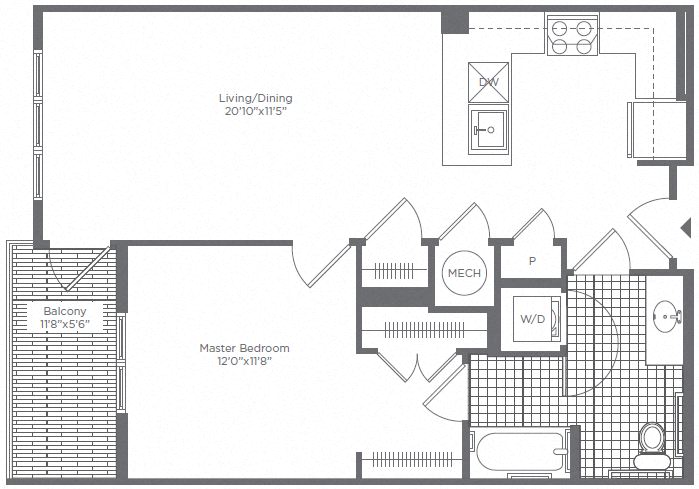 Floor plan for 1 bed, 1 bath, 739 sqft